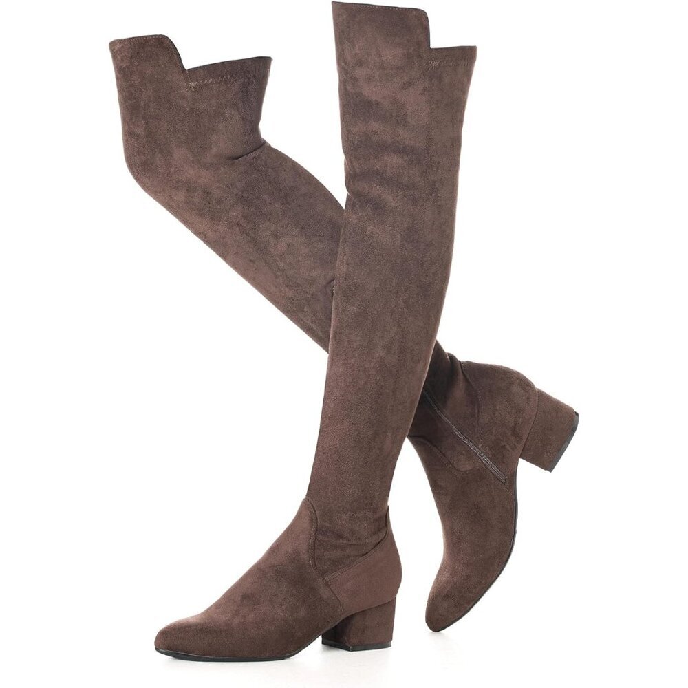 Women's Coffee  Suede High Thigh Low Block  Stylish Over-the-Knee Heel boot